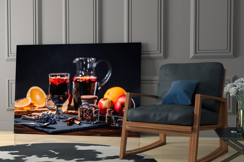 Noel Tea glass print enhancing a holiday lounge with cinematic warmth