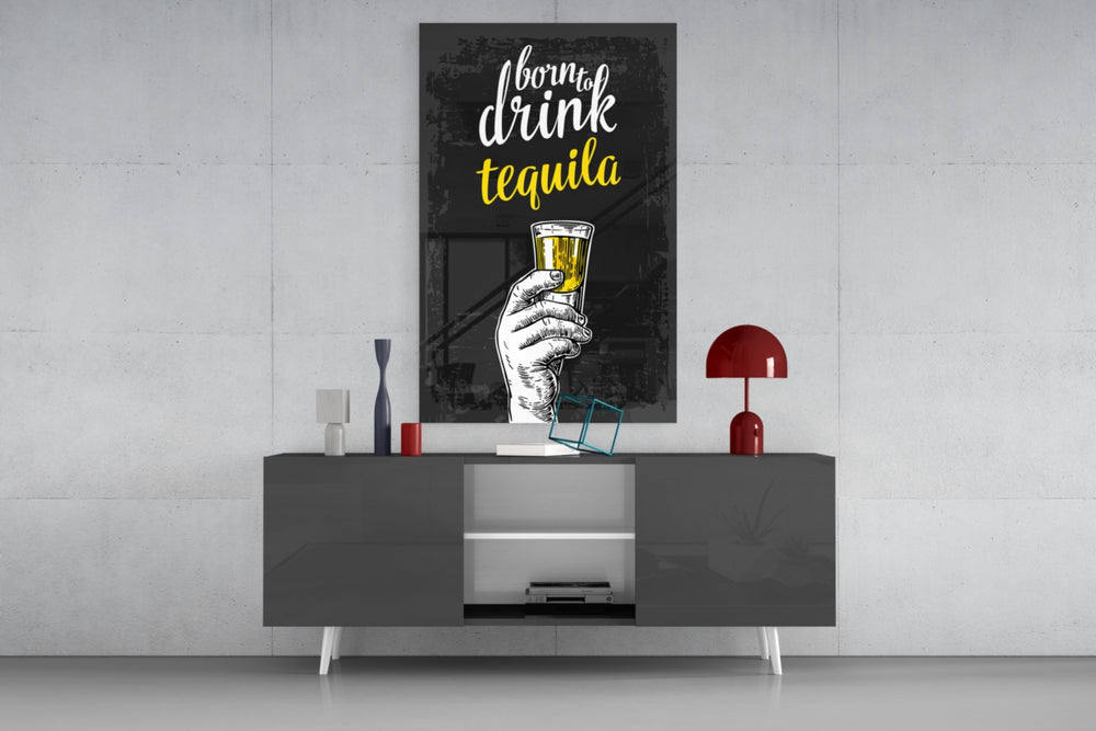 Tequila panel catching directional light to reveal its bar-room wit