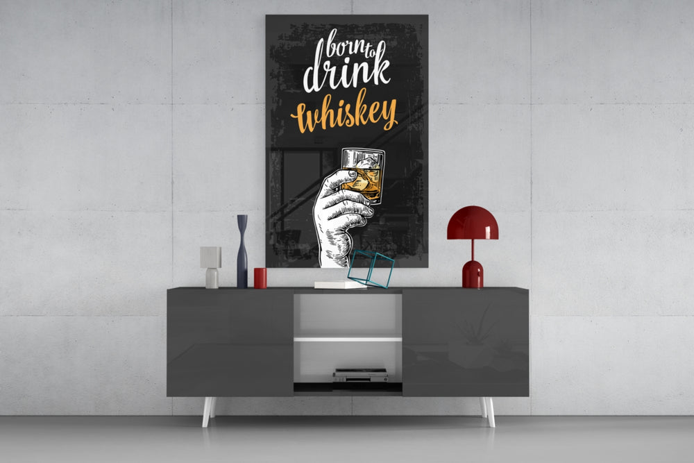 Whiskey panel catching directional light to reveal its bar-room wit