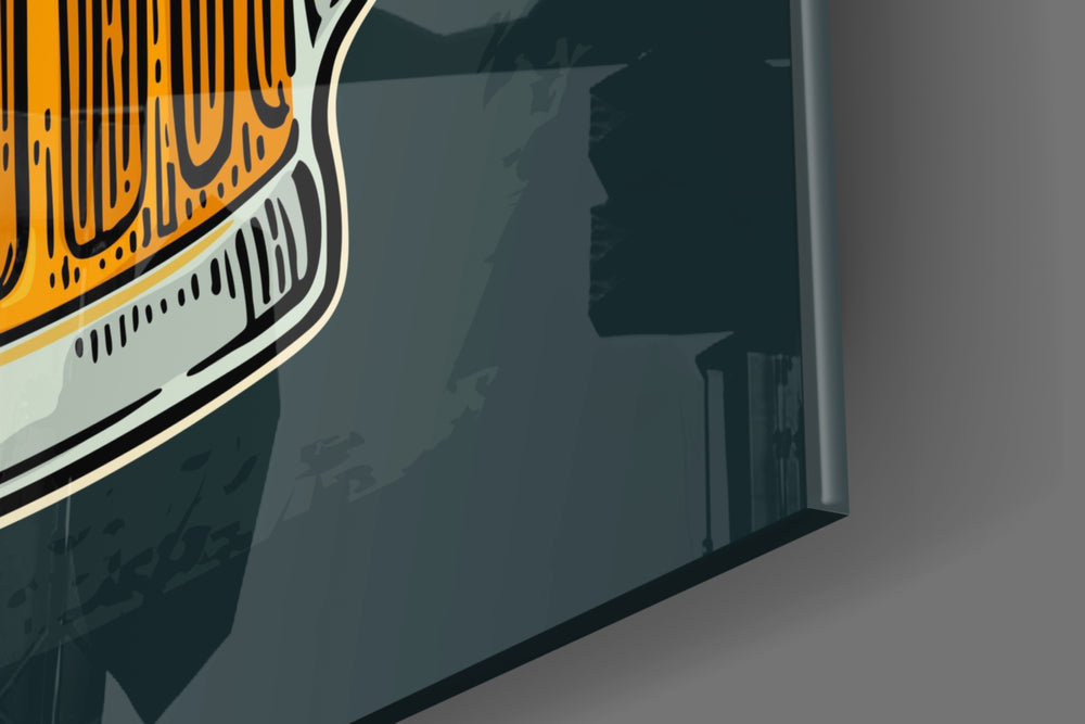 Beer artwork anchoring a wall with bold retro palette