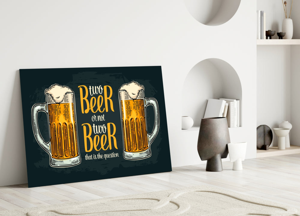 Beer close-up showing two pilsner mugs with Two Beer or Not Two Beer Shakespeare script