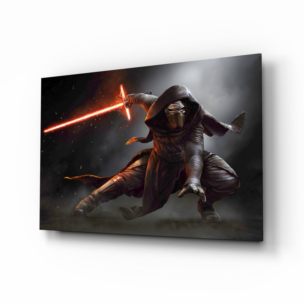 Kylo Ren glass wall art displayed above a black leather sectional in a home theater with brass arc lamp and reclaimed-wood console
