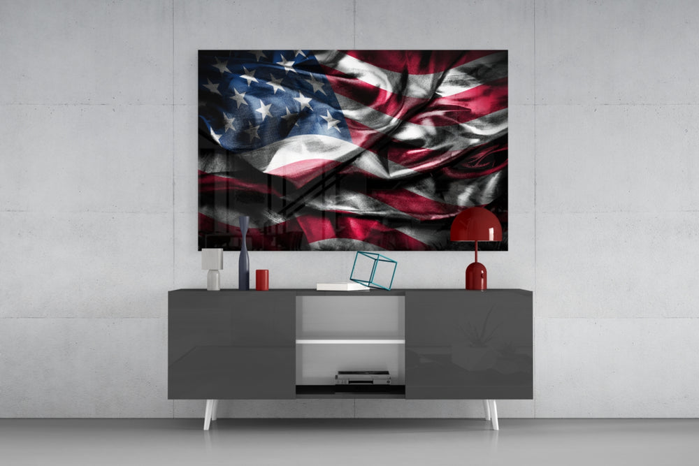 Flag of the United States panel catching directional light to reveal its patriotic gravity