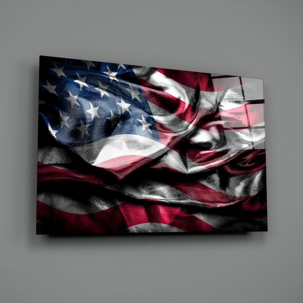 Editorial-flag panel bringing patriotic gravity to a contemporary lounge