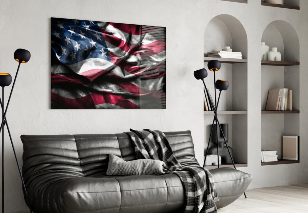 Flag of the United States glass wall art styled above a desk in an office
