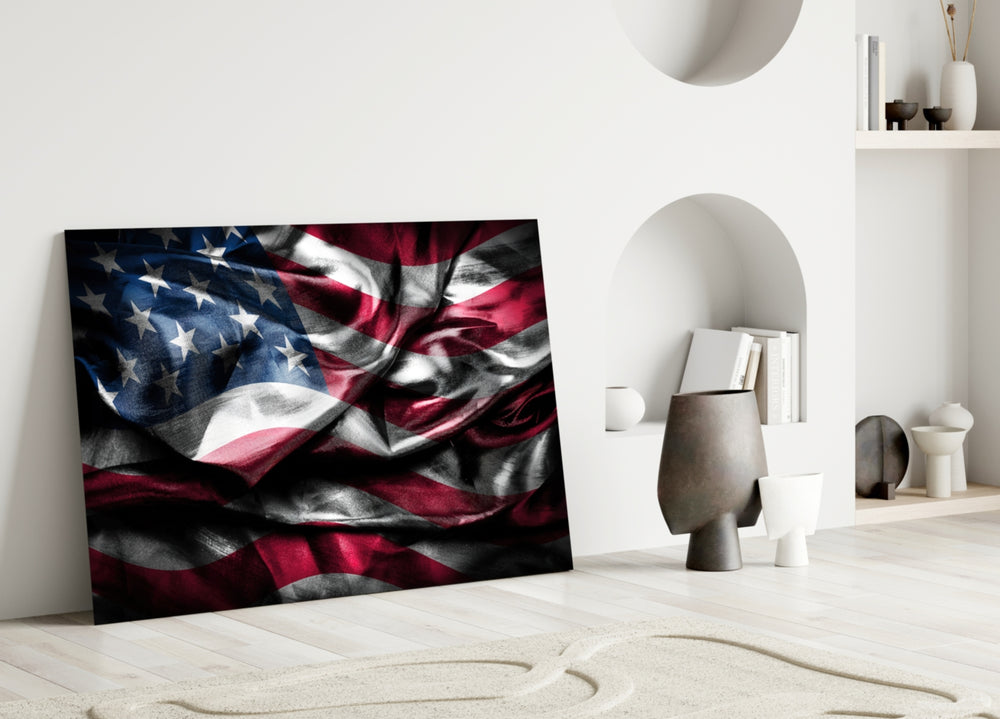 Flag of the United States close-up showing windswept silk with stars on crimson stripes