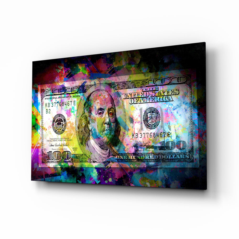 100 Dollars glass wall art displayed above a walnut desk in a finance office with brass picture light and matte-black shelving