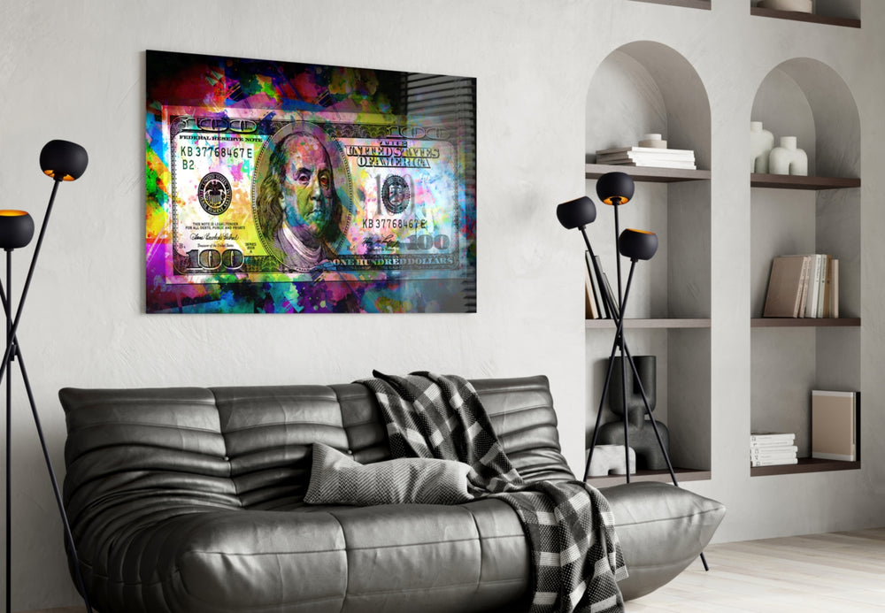 100 Dollars glass wall art styled above a console in a hallway