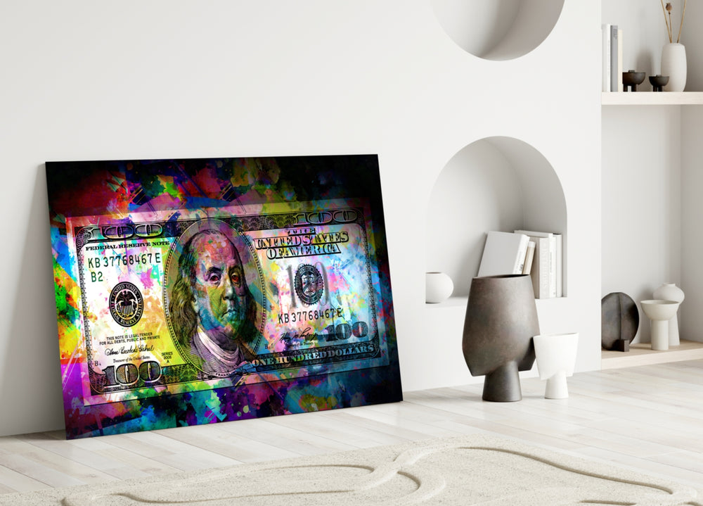 100 Dollars close-up showing Franklin portrait amid magenta jade and cobalt splatter