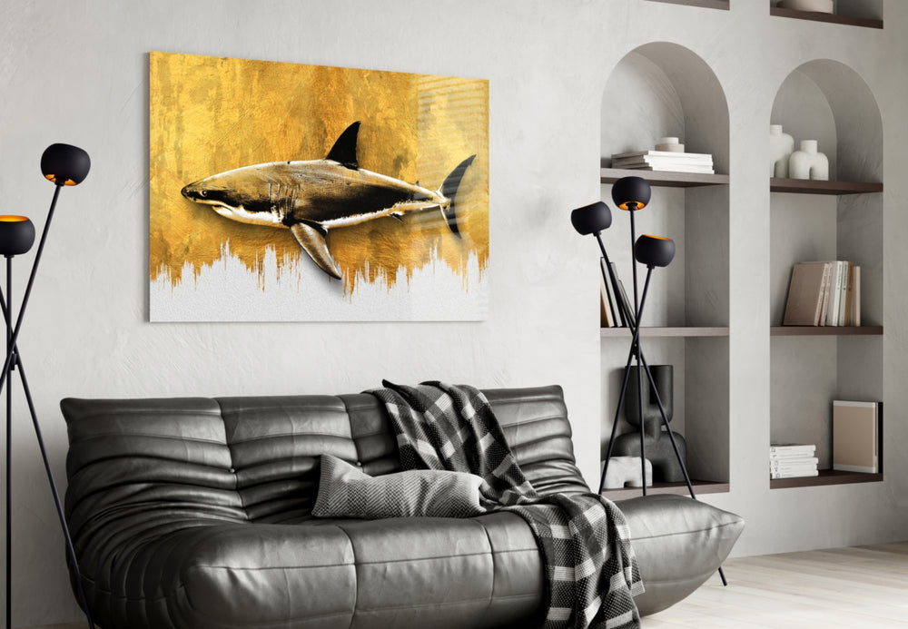 Shark glass wall art styled above a desk in an office