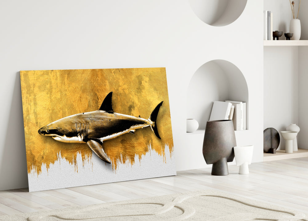 Shark close-up showing great-white silhouette across textured gold-leaf field