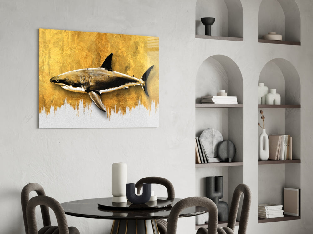 Shark panel adding editorial drama to a man cave
