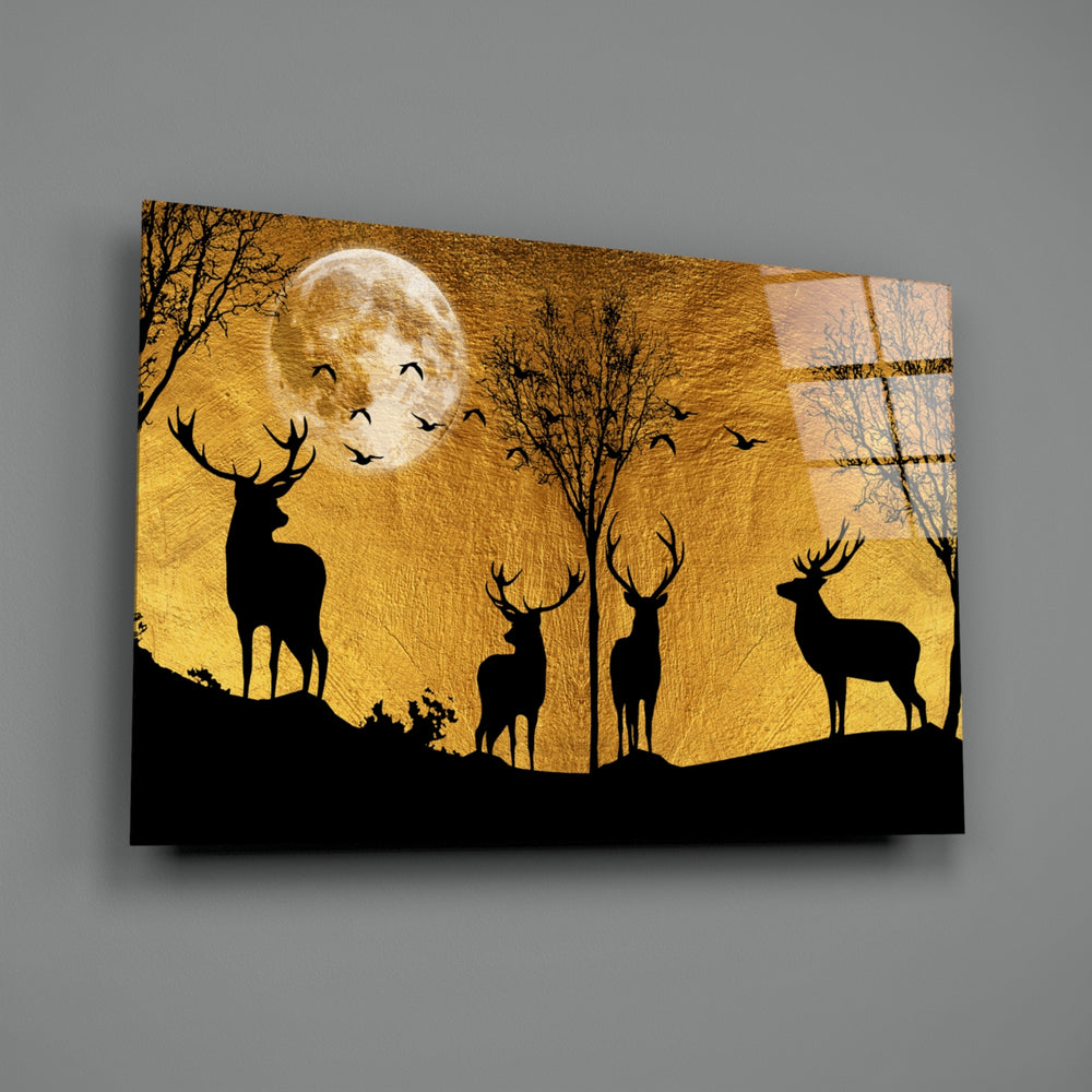 Golden-silhouette panel bringing mythic warmth to a contemporary bedroom