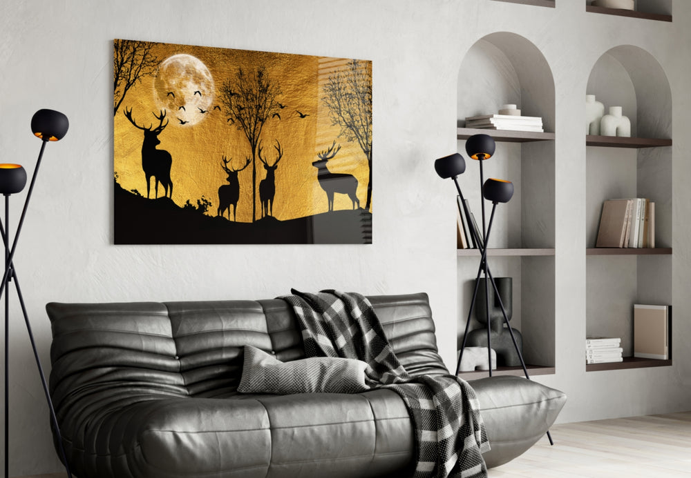 Deers glass wall art styled above a console in a hallway