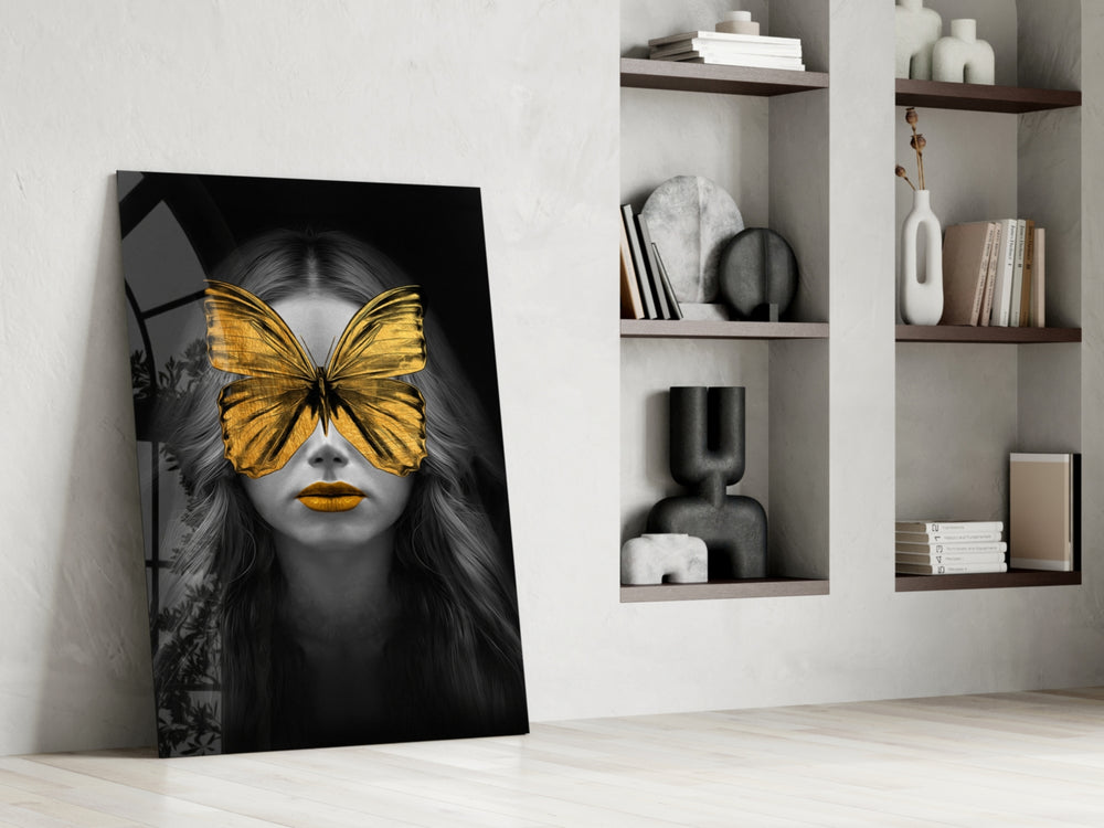 Butterfly Eyes glass print enhancing a salon with cinematic mood