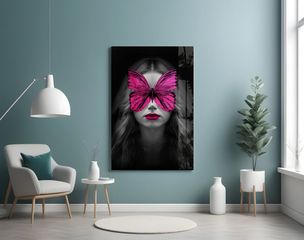 Butterfly Eyes glass wall art styled above a console in a hallway