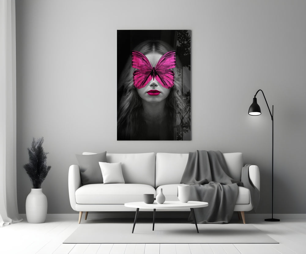 Butterfly Eyes close-up showing woman with magenta butterfly across her eyes