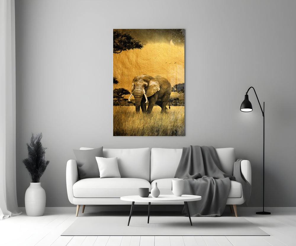 Elephant close-up showing bull elephant striding through savanna under acacia silhouette