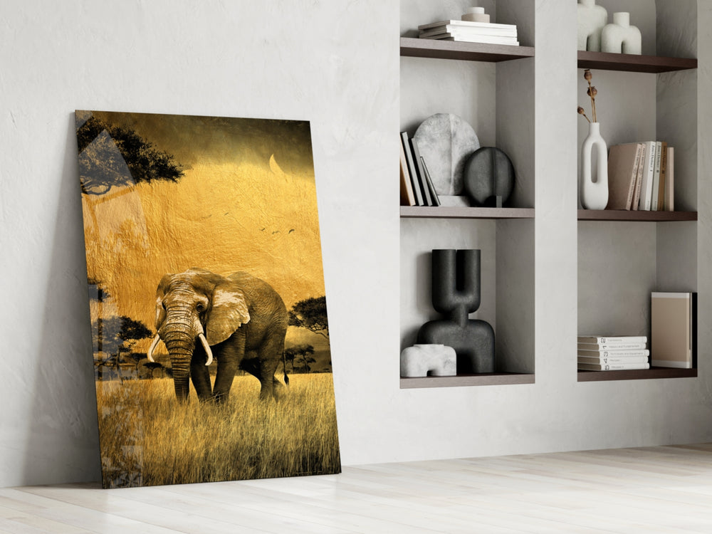 Elephant glass print enhancing a study with cinematic warmth