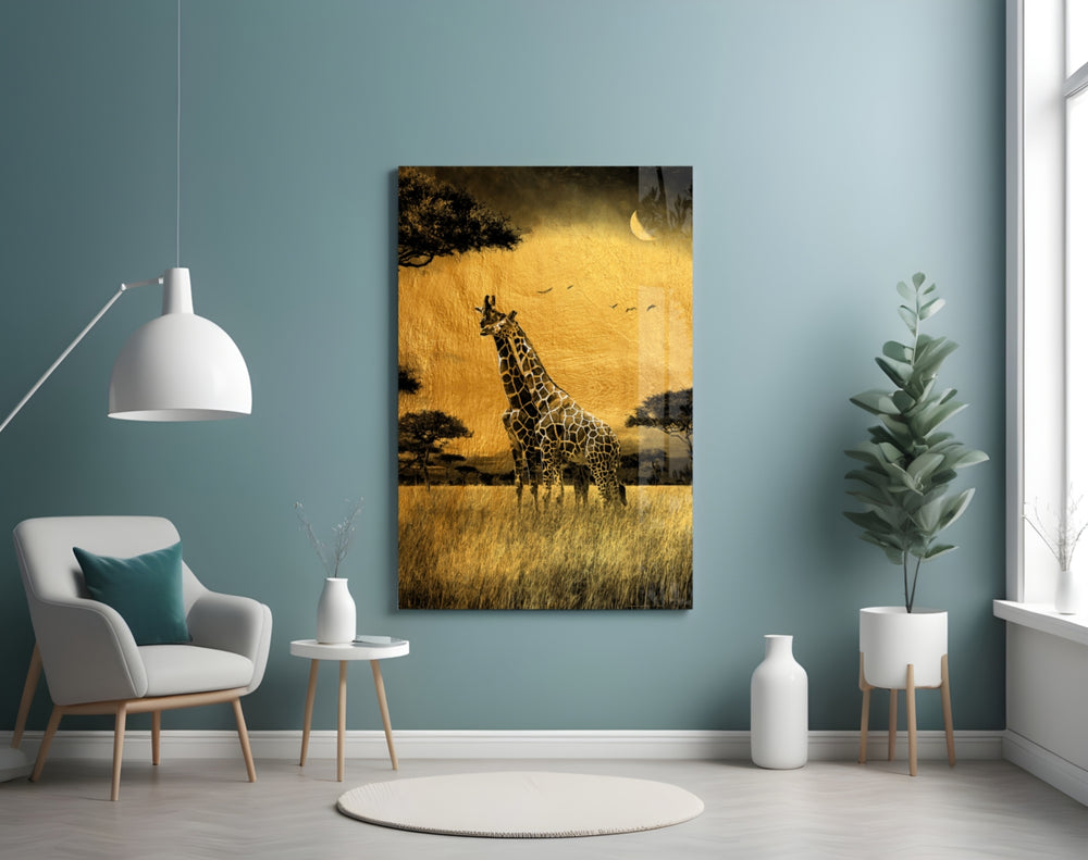 Giraffes glass wall art styled above a bunk bed in a kids room