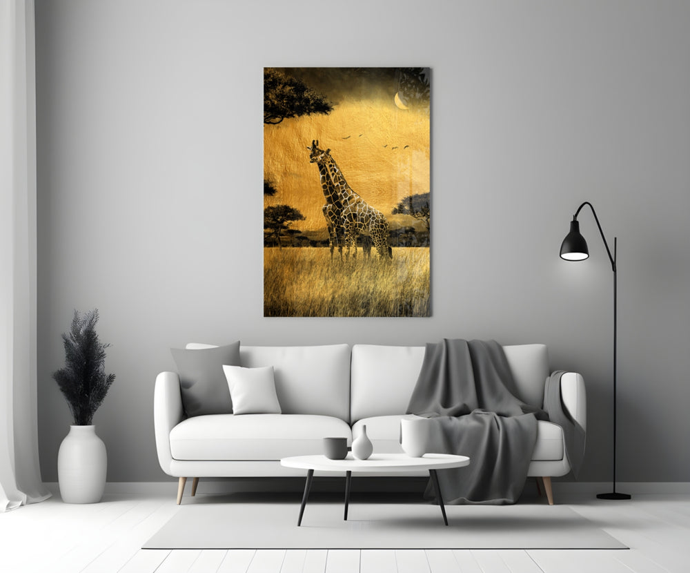 Giraffes close-up showing pair standing in savanna grass under crescent moon