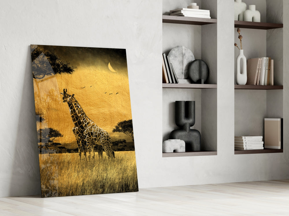 Giraffes glass print enhancing a nursery with cinematic warmth