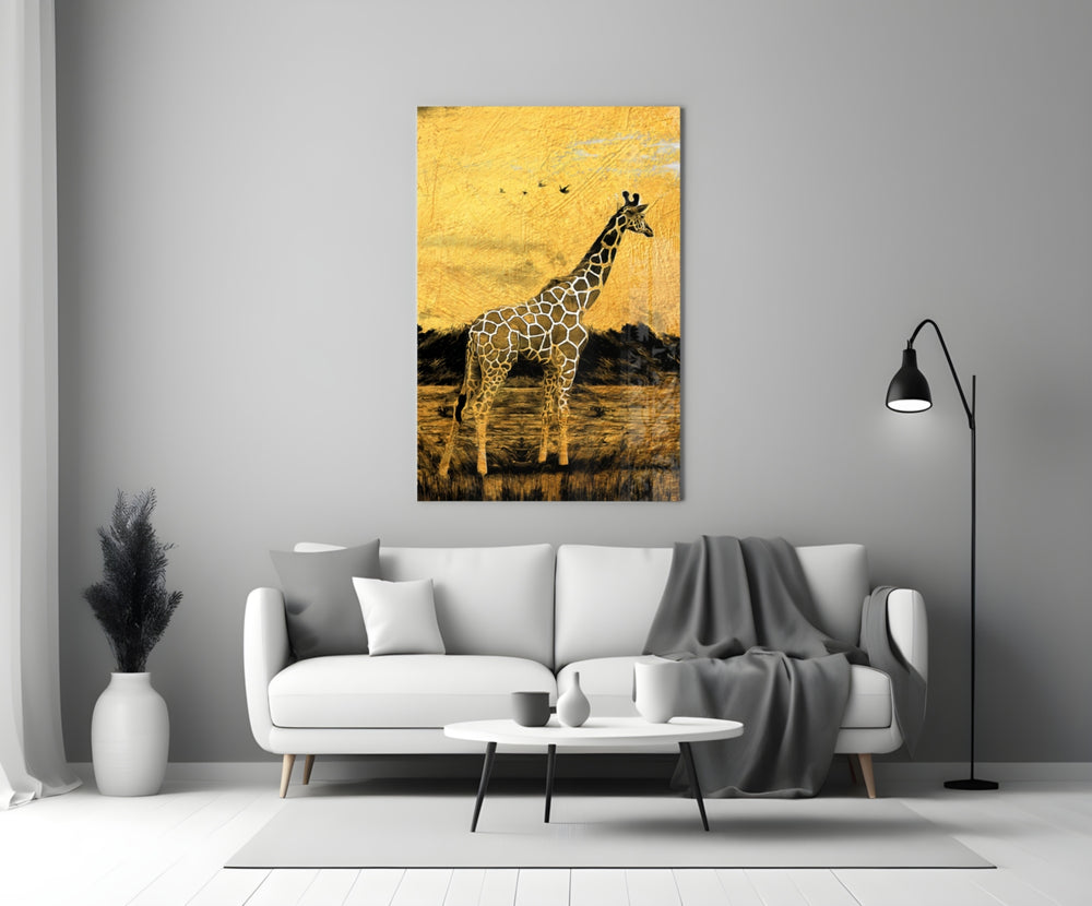 Giraffe close-up showing lone giraffe against textured gold-leaf sky