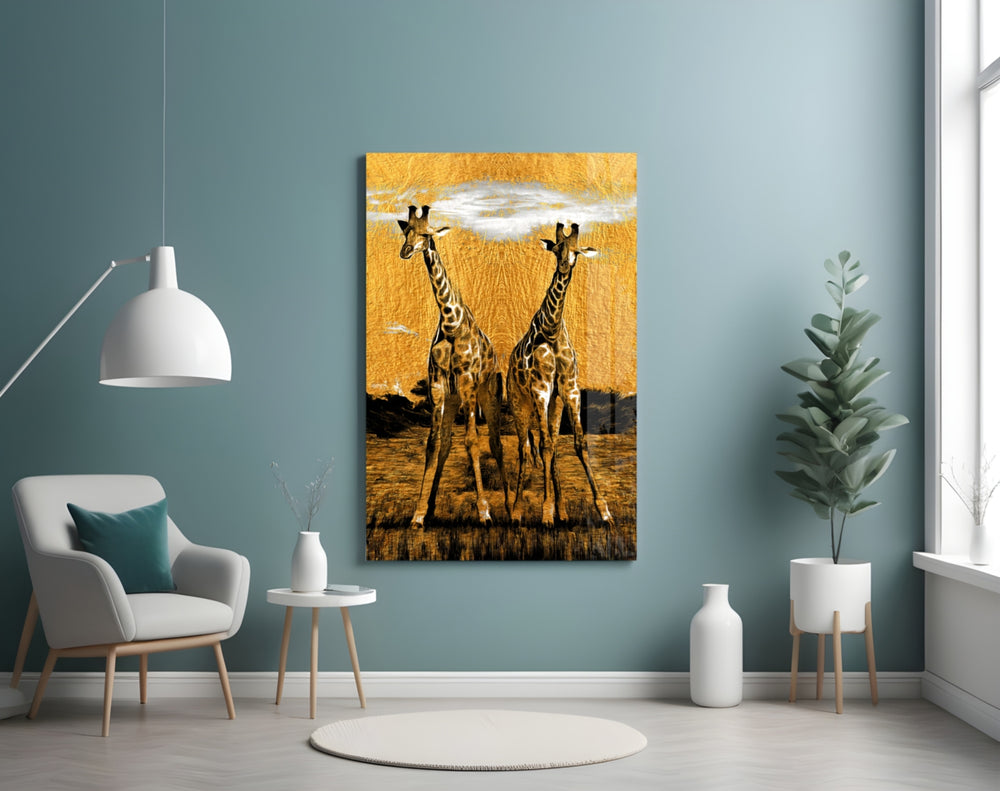 Giraffes glass wall art styled above a bed in a bedroom