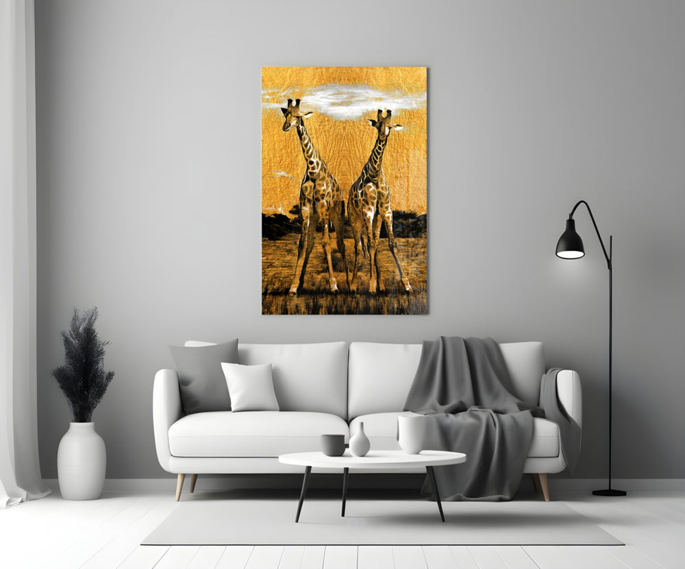 Giraffes close-up showing symmetric pair on textured gold-leaf horizon