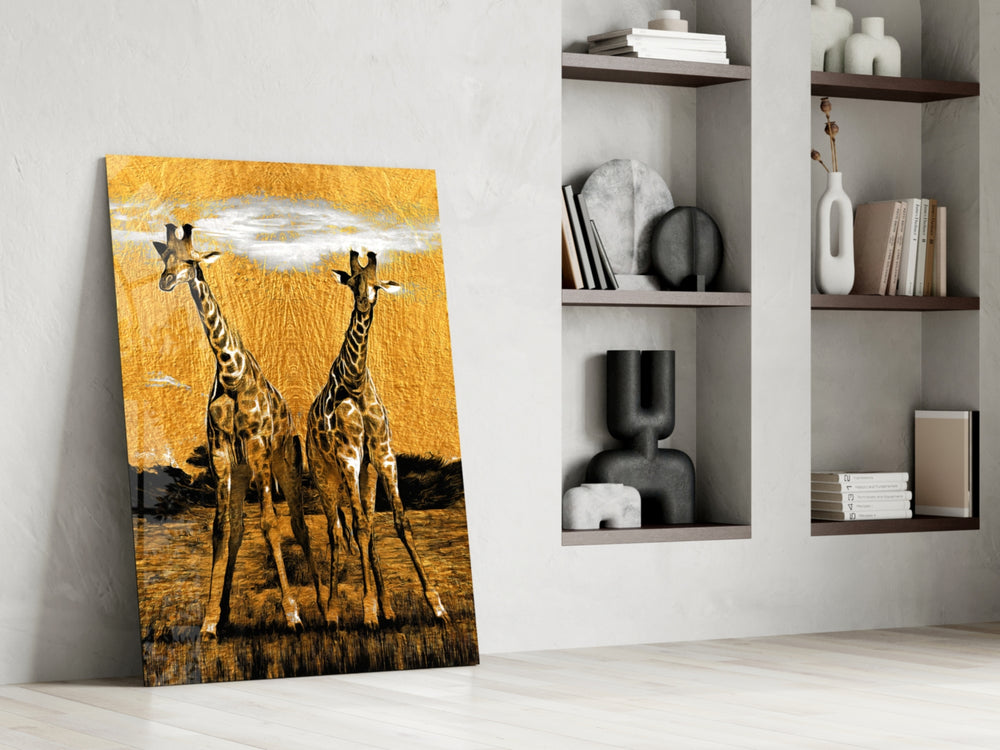 Giraffes glass print enhancing a living room with cinematic warmth