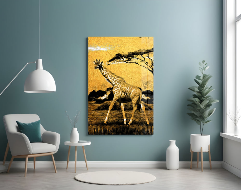 Giraffe glass wall art styled above a bunk bed in a kids room