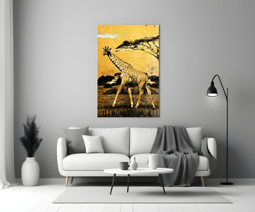 Giraffe close-up showing striding solo through savanna grass under acacia