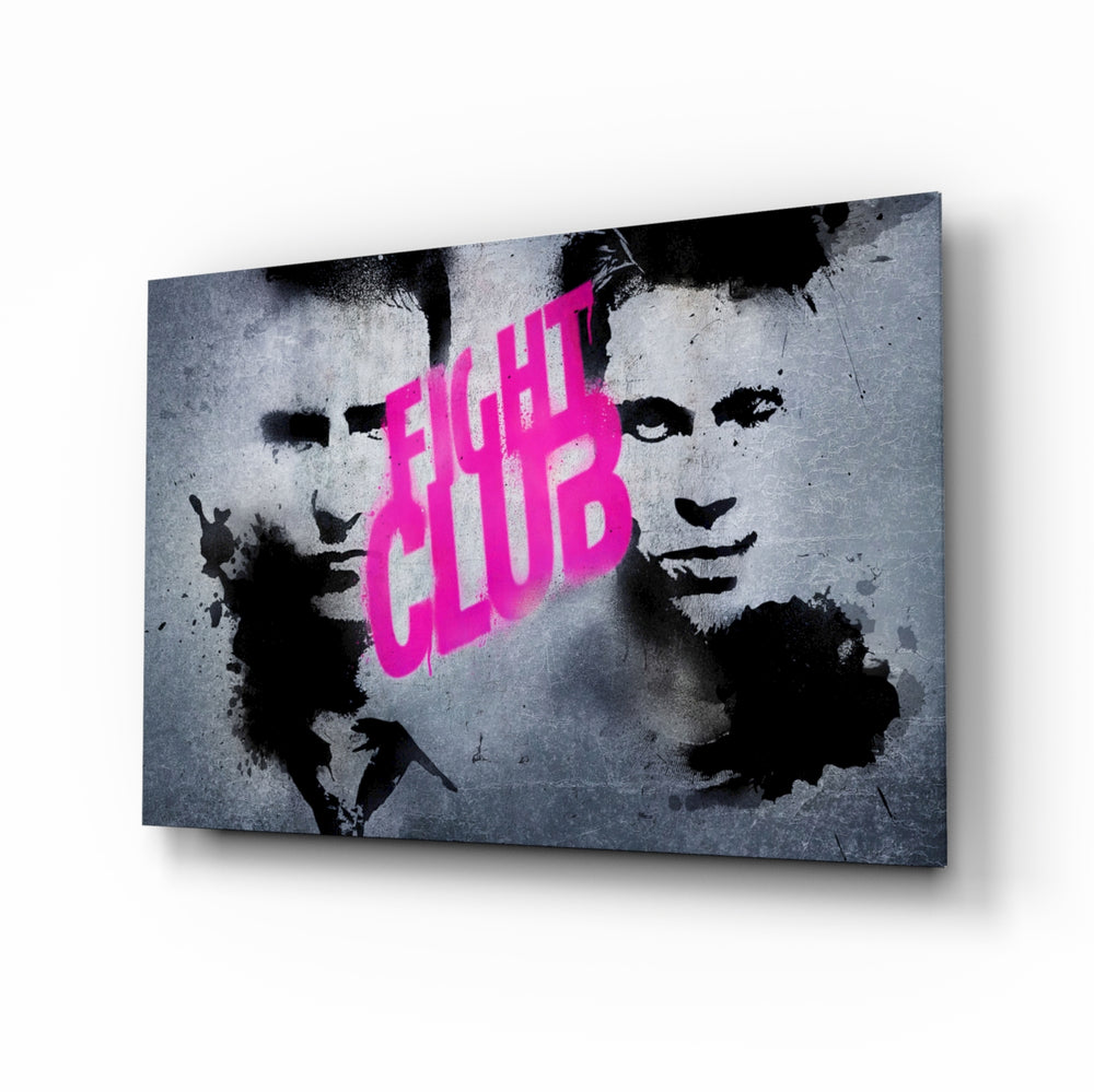 Fight Club Poster glass wall art displayed above a black leather sectional in a moody man cave with brass arc lamp and reclaimed-wood console