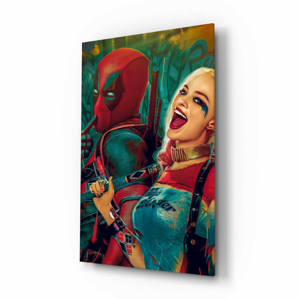 Harley Quinn and Deadpool glass wall art displayed above a velvet sofa in a moody teen lounge with neon LED strip and matte-black coffee table