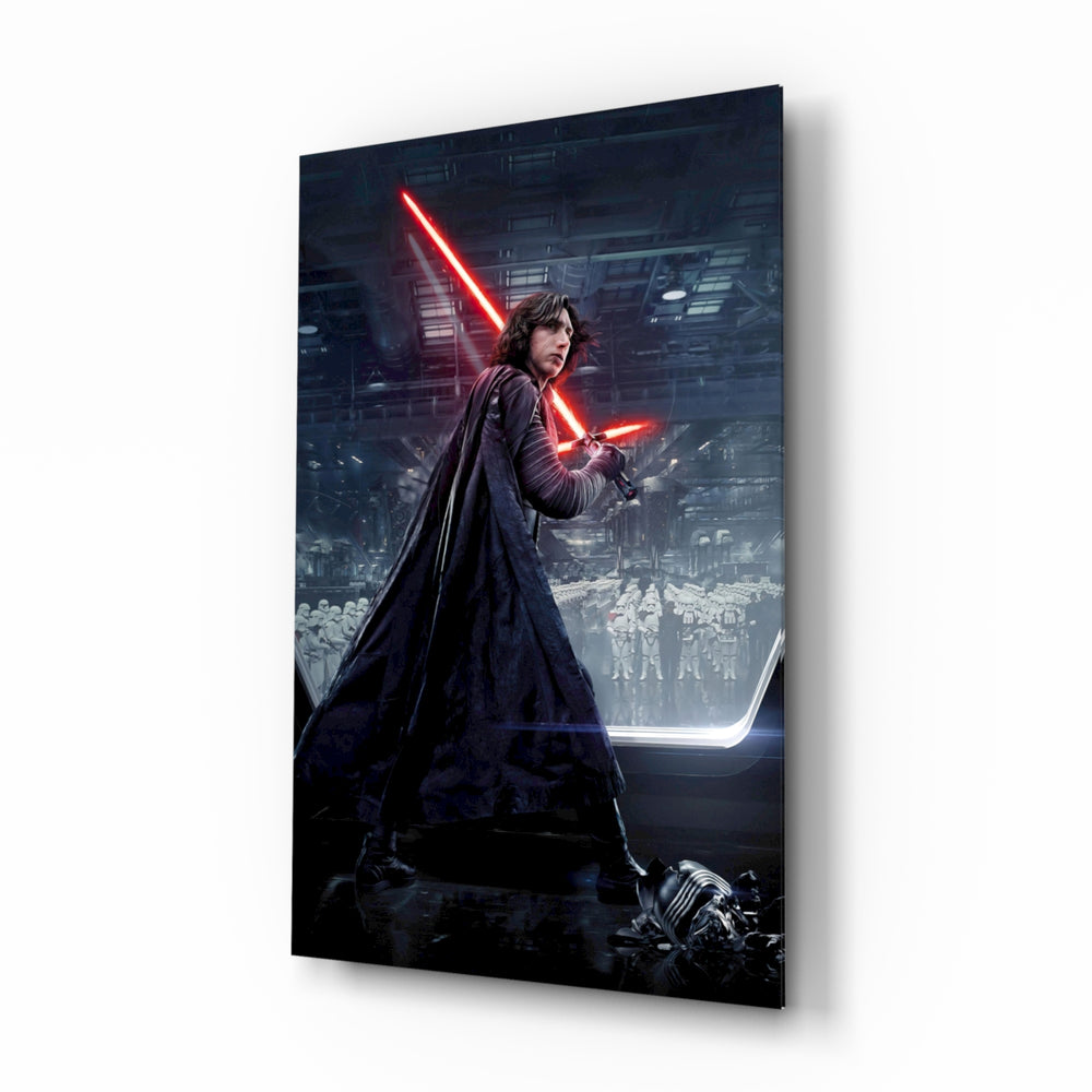 Kylo Ren glass wall art displayed above a black leather sectional in a home theater with brass arc lamp and reclaimed-wood console