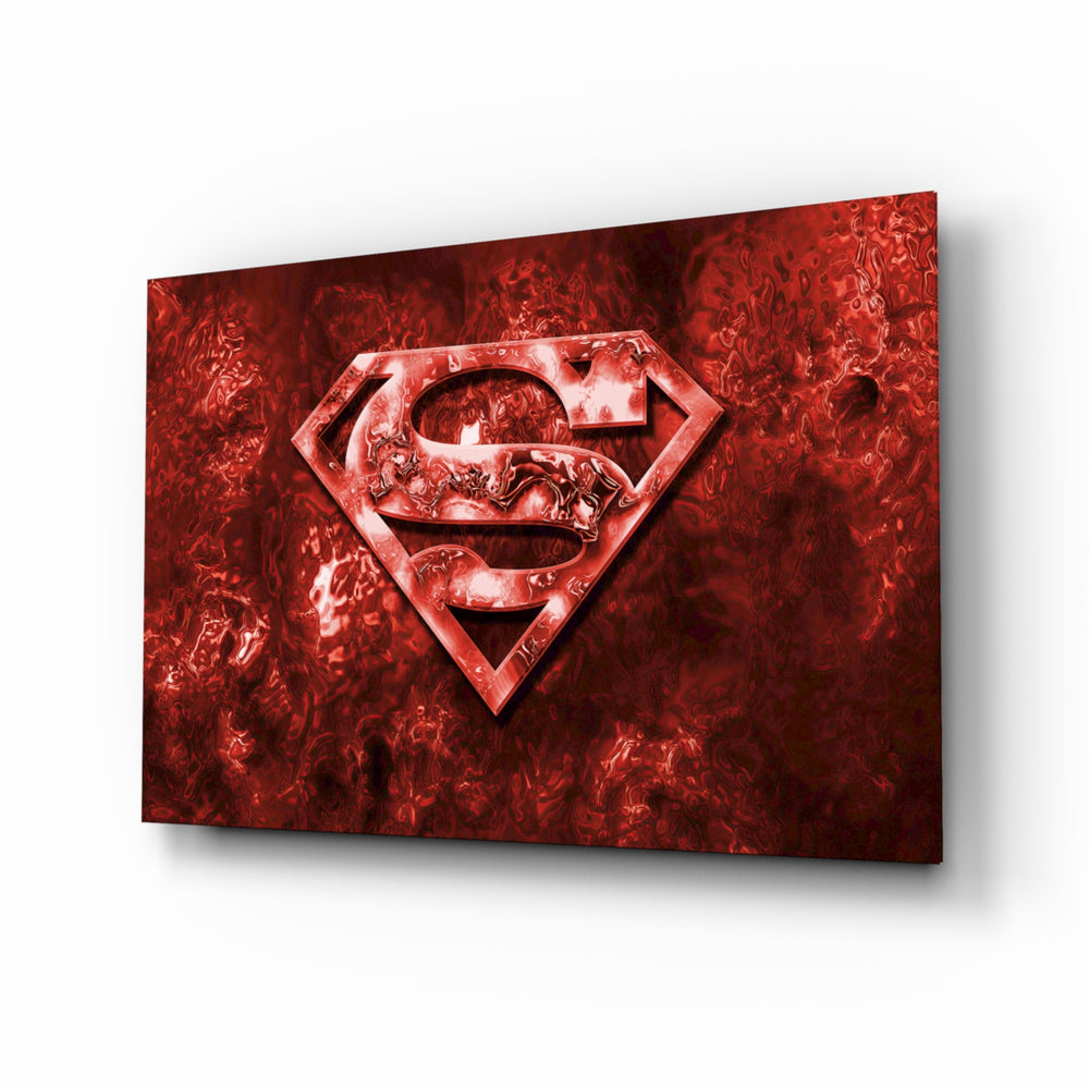 Superman glass wall art displayed above a desk in a kids room with bunk beds and brass picture light