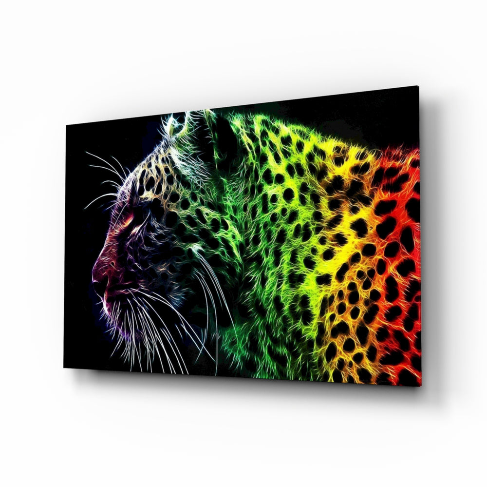 Leopard glass wall art displayed above a black leather sectional in a moody gaming room with neon LED strip and matte-black console