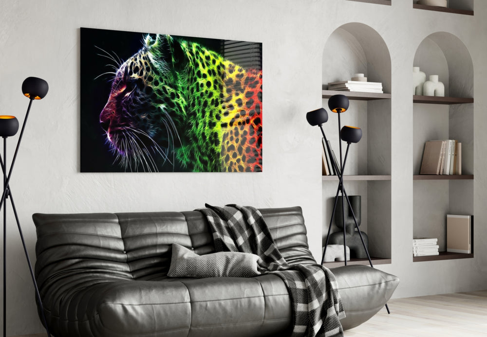 Leopard glass wall art styled above a desk in a man cave