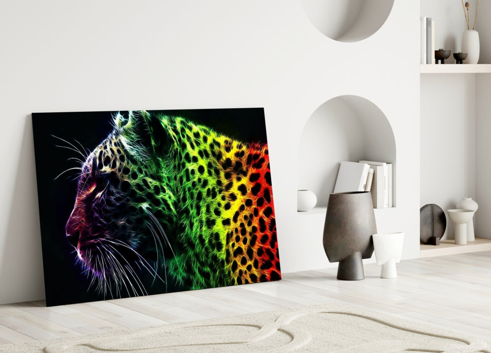 Leopard close-up showing spectrum-glow profile with chartreuse-to-crimson shift