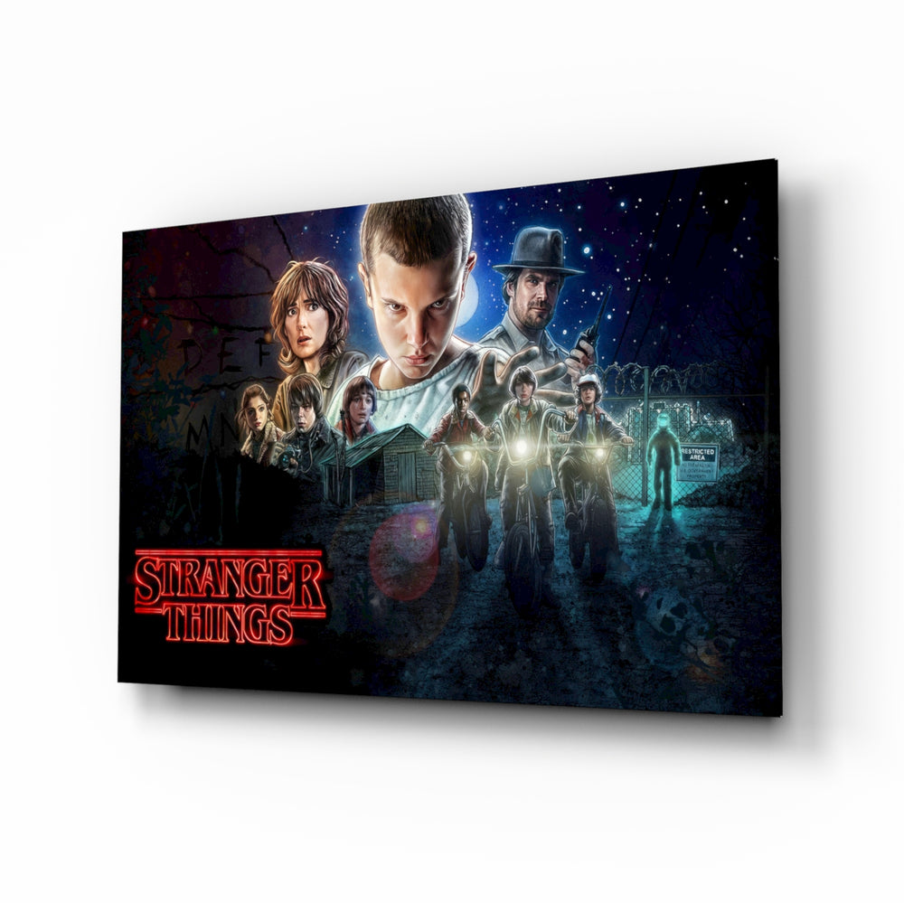 Stranger Things Poster glass wall art displayed above a velvet sofa in a moody teen lounge with neon LED strip and matte-black coffee table