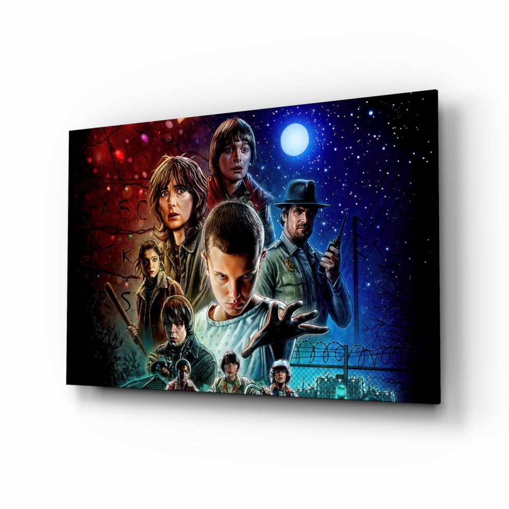 Stranger Things Poster glass wall art displayed above a velvet sofa in a moody teen lounge with neon LED strip and matte-black coffee table