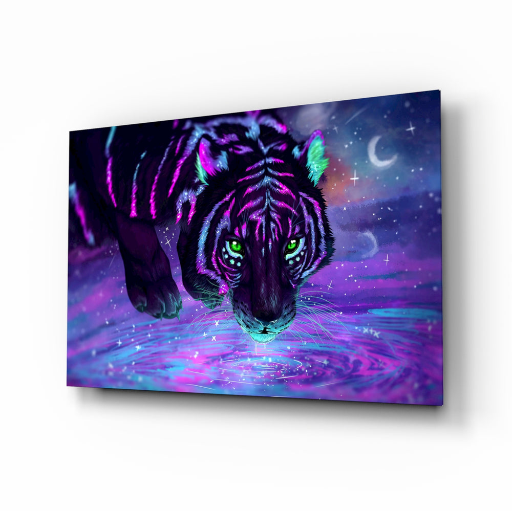 Tiger glass wall art displayed above a velvet bed in a magenta teen lounge with rattan nightstands and brushed-brass sconces