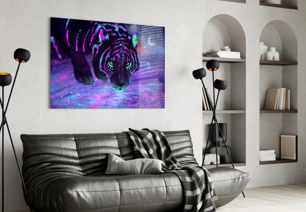 Tiger glass wall art styled above a desk in a kids room