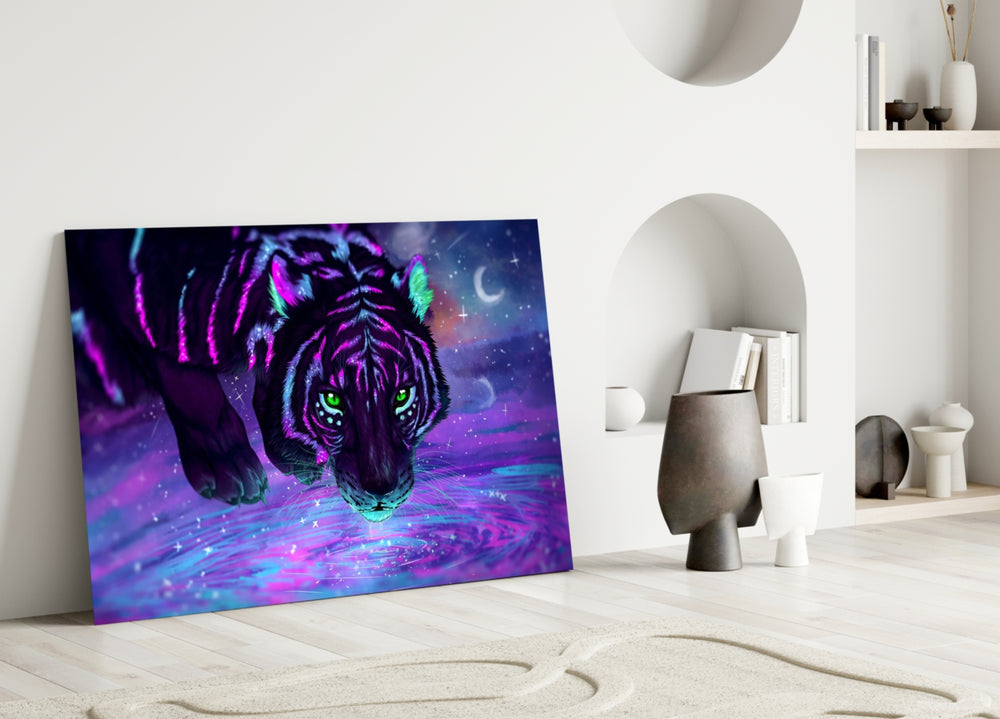 Tiger close-up showing cosmic tiger drinking from starlit pool with magenta stripes