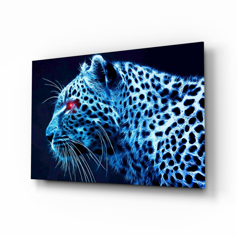 Leopard glass wall art displayed above a black leather sectional in a moody gaming room with neon LED strip and matte-black console