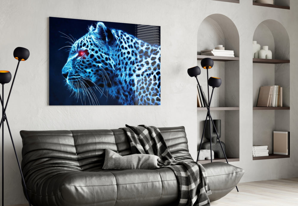 Leopard glass wall art styled above a desk in a man cave
