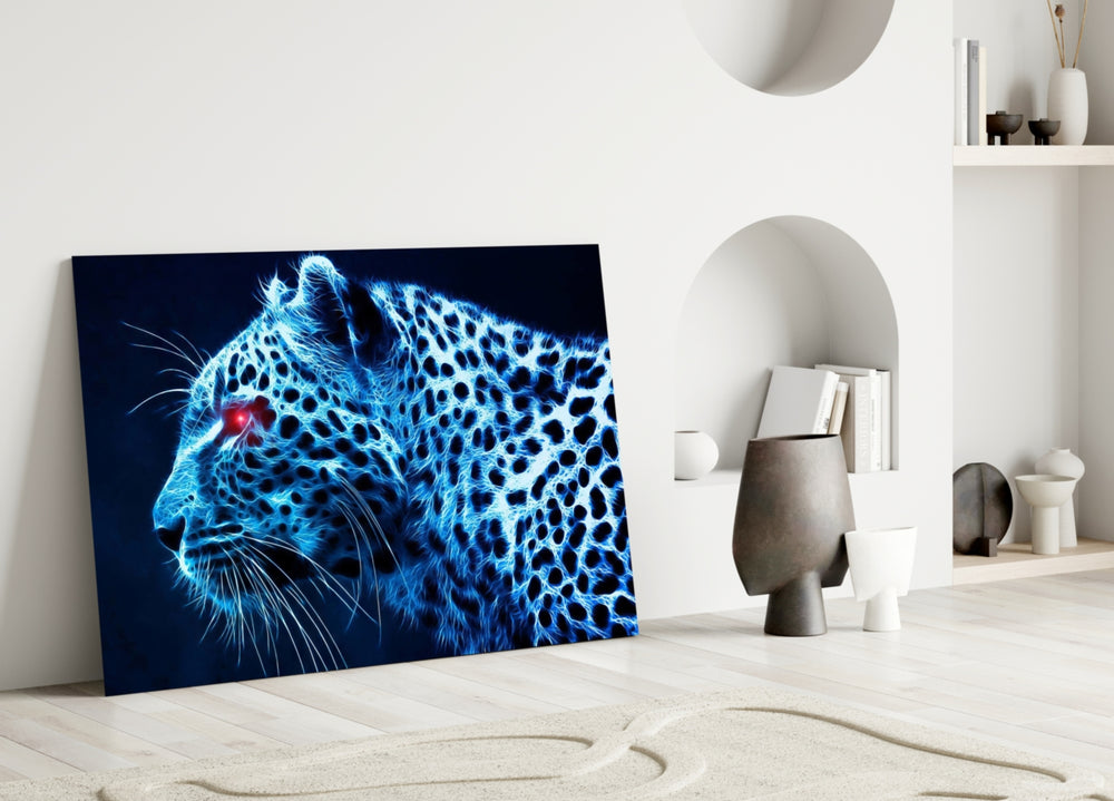 Leopard close-up showing cyan-glow profile with crimson eye on onyx