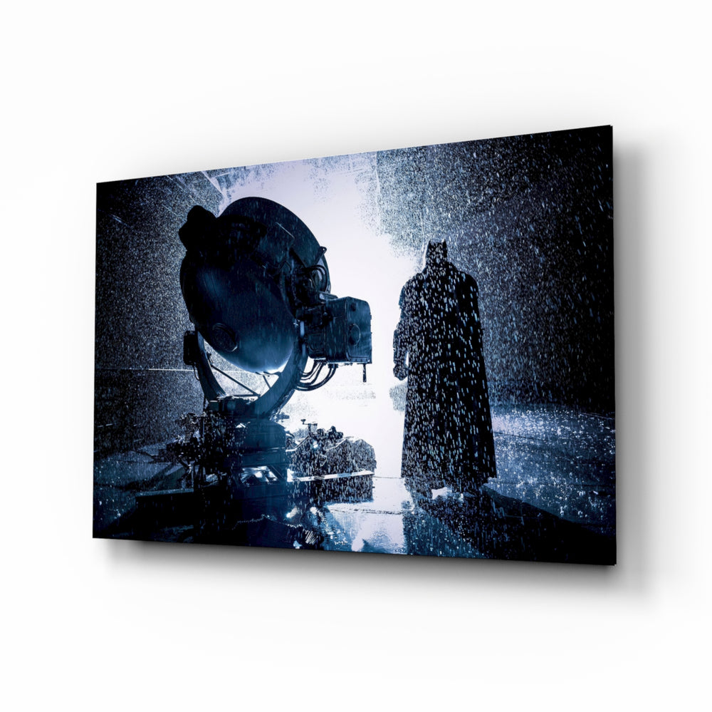 Batman Call glass wall art displayed above a black leather sectional in a moody home theater with brass arc lamp and reclaimed-wood console