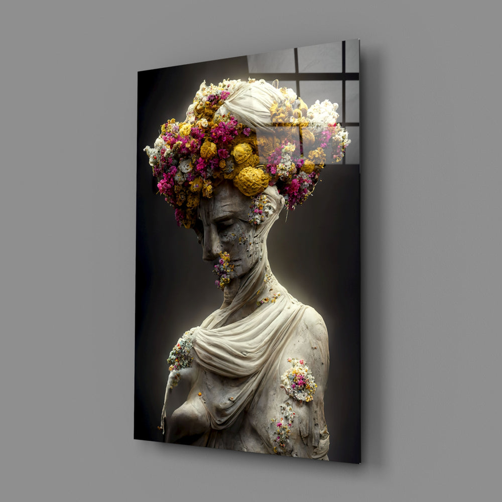 Abandoned Statue close-up showing marble bust crowned with magenta and saffron dried blooms