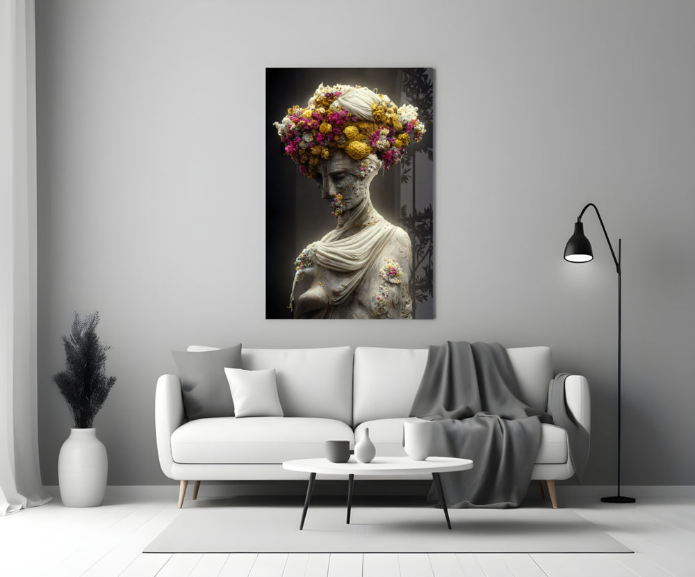Abandoned Statue glass wall art styled above a bed in a bedroom